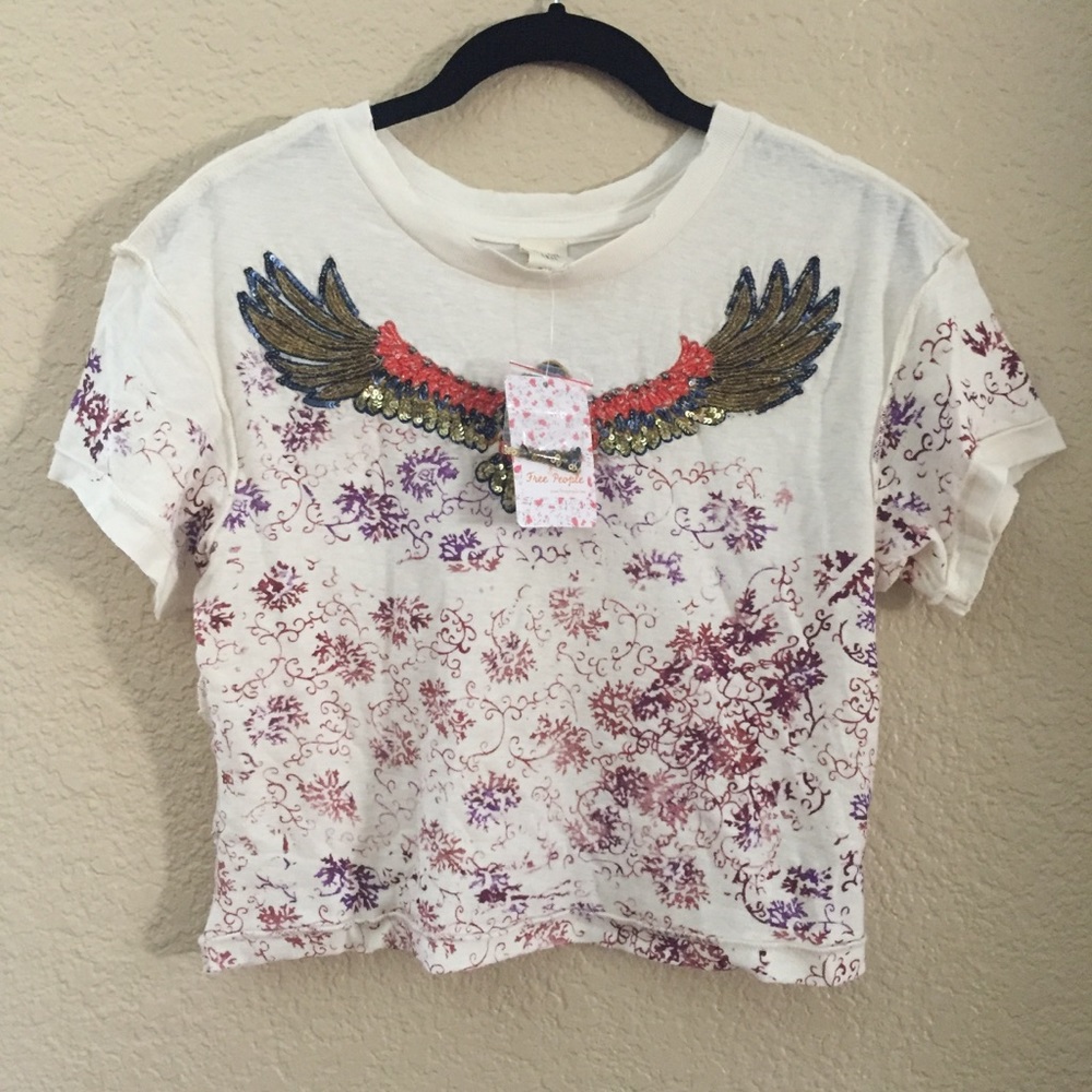 Free People Distressed Crop Top NWT Beadwork Eagle